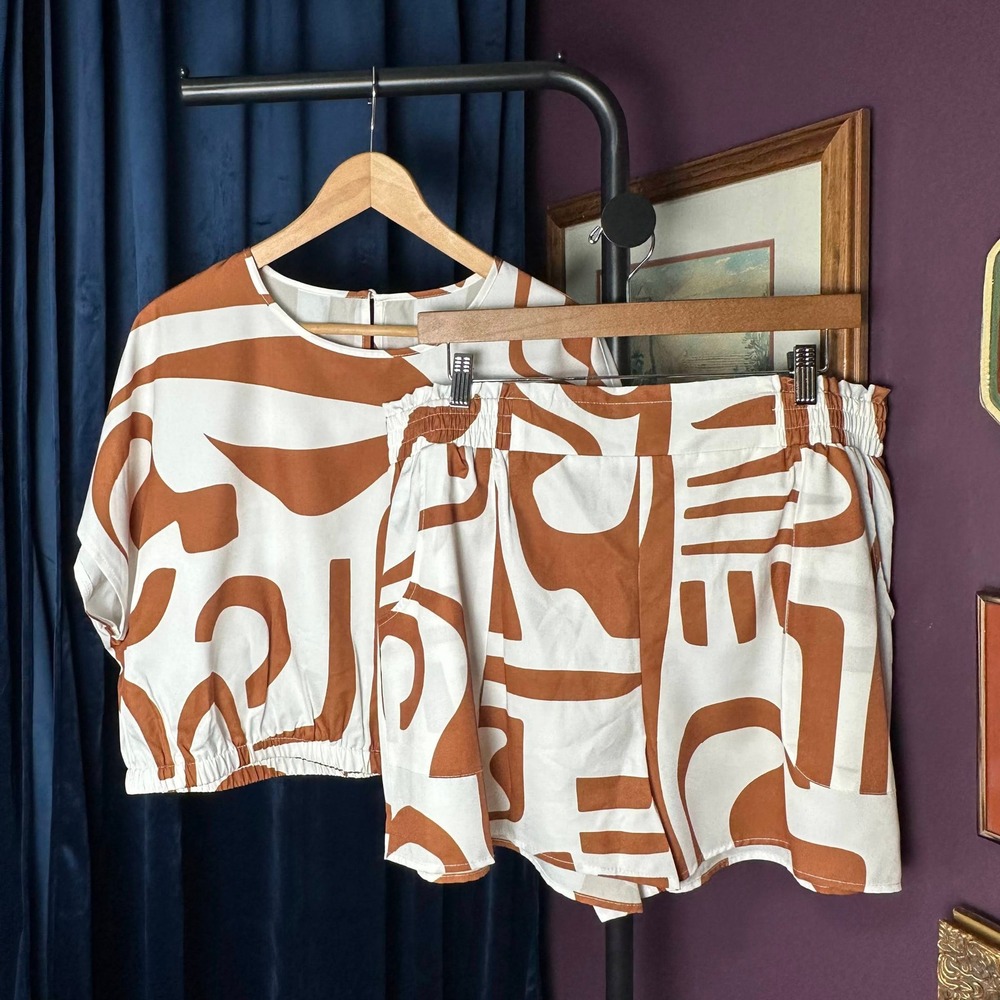 SHEIN Curve 2XL Brown Cream Abstract Print 2 Piece Top Shorts Set